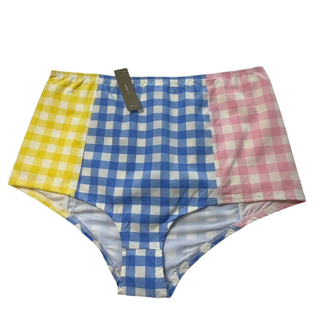 J. Crew Gingham Colorblock High-Waist Bikini Bottoms - Yellow, Blue, Pink